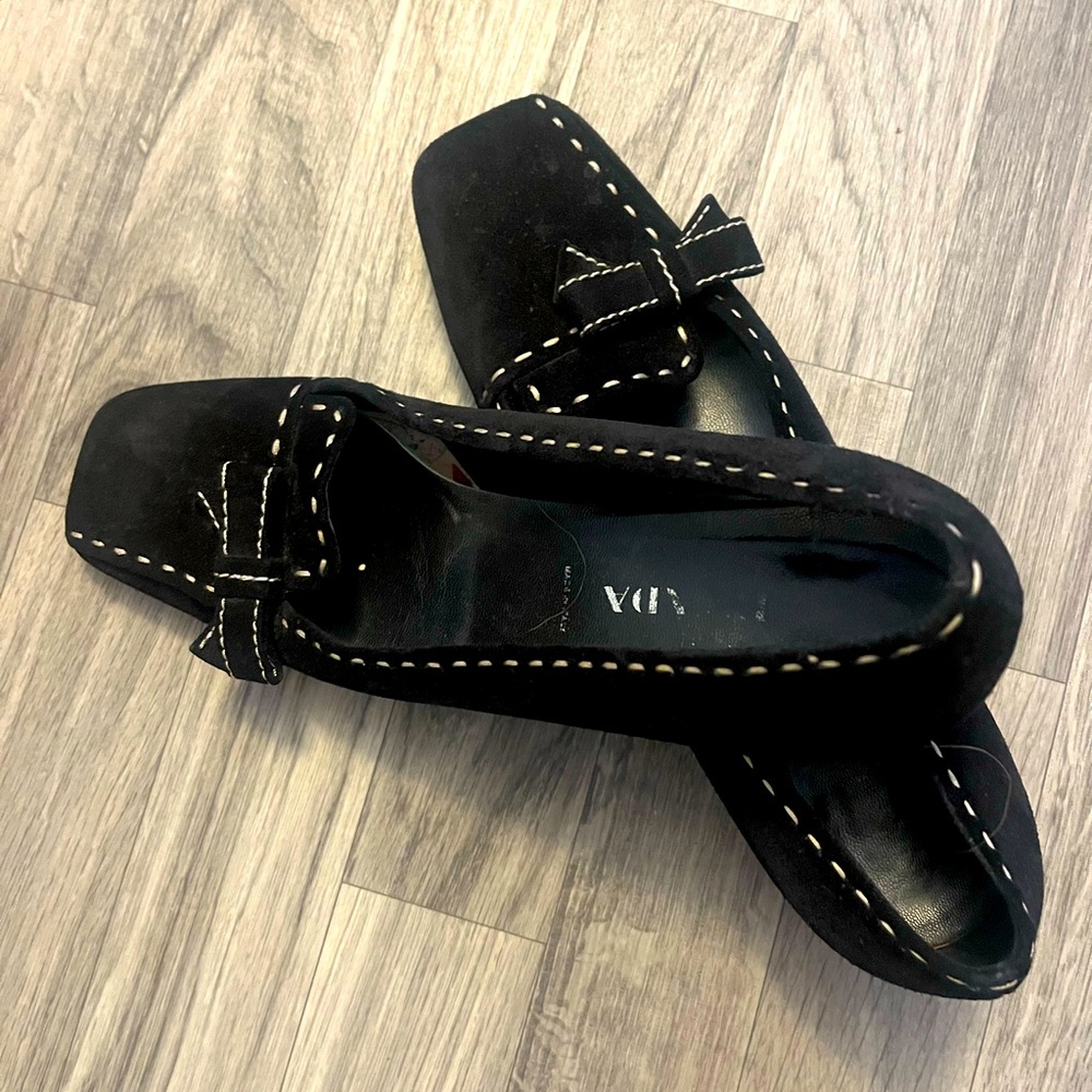 Prada Black suede with Contrast Stitching low heel